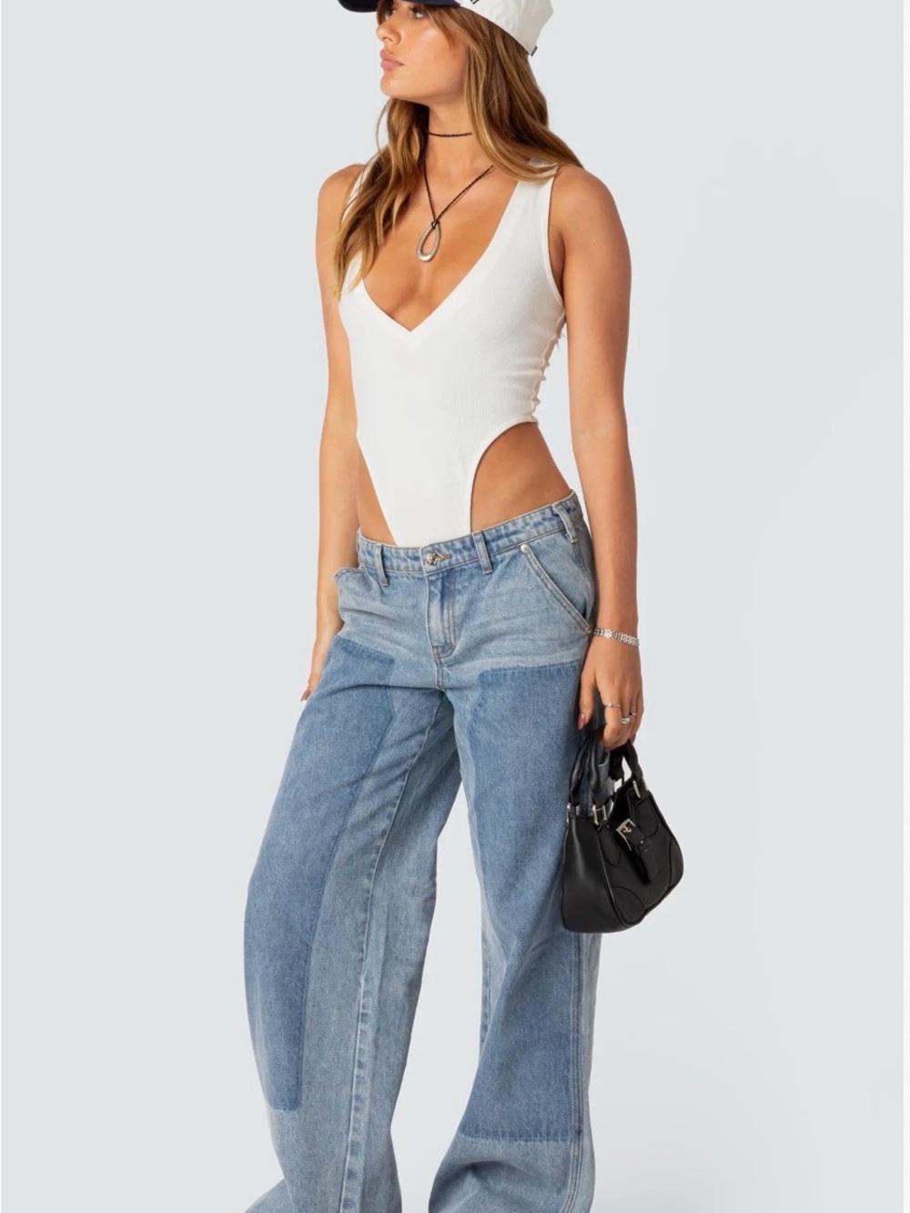 White Ribbed V‑Neck Cutout Bodysuit - Women